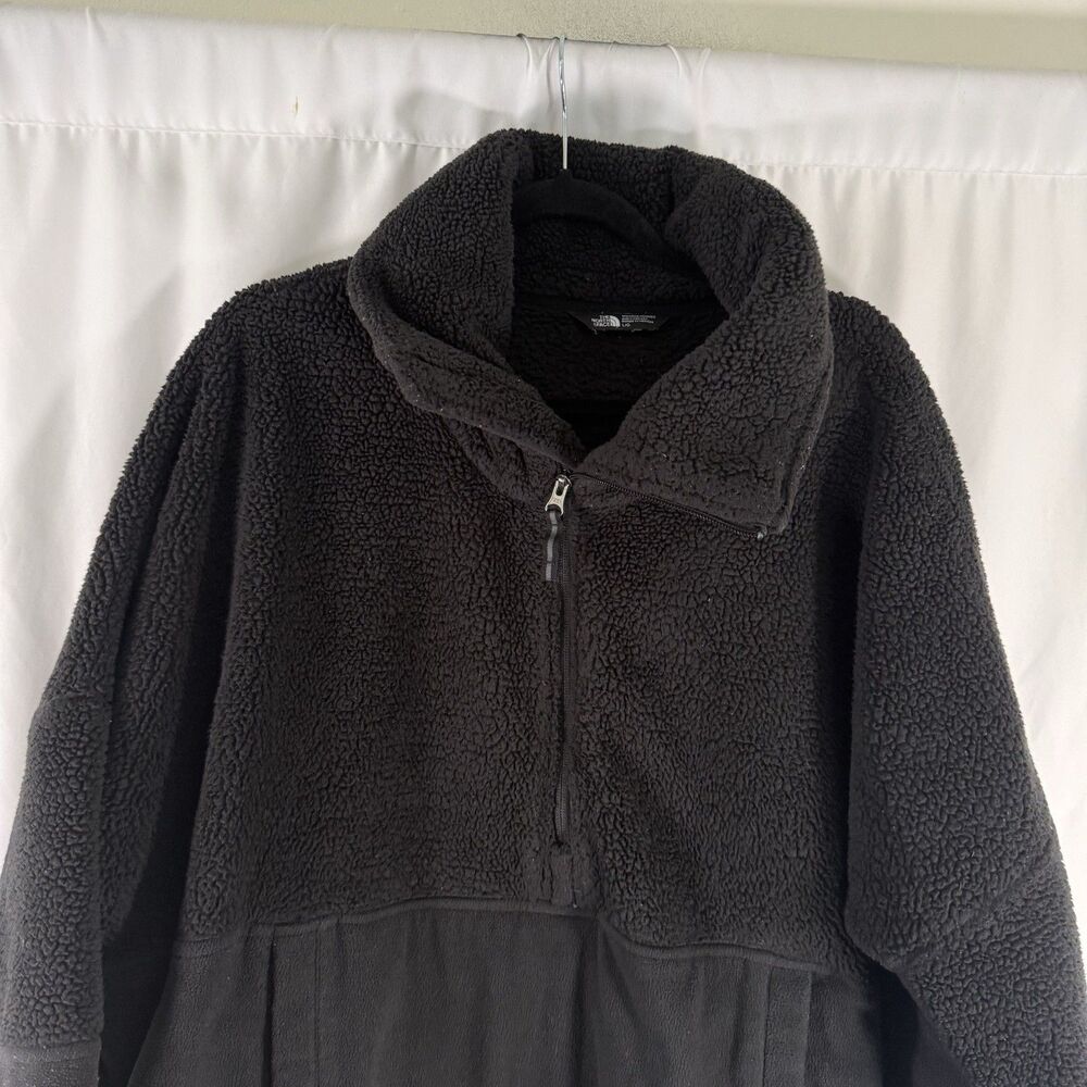 North Face Fleece Jacket Women's Large Black 1/4 Zip Mock Neck Pockets Sherpa - Picture 2 of 12